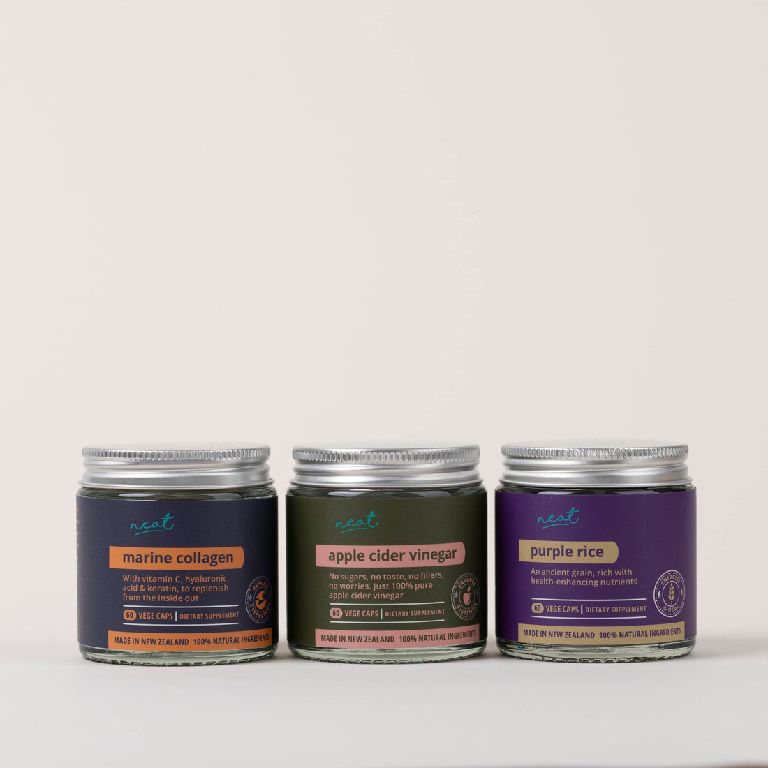 Neat Supplements Trio | Marine Collagen, Keratin &amp; Hyaluronic Acid - Apple Cider Vinegar - Purple Rice Antioxidant